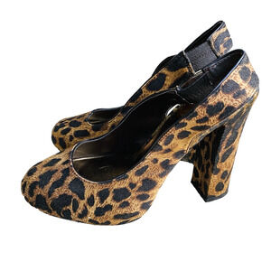 Nicole Miller High Heel Slingback Pumps Brown Black Animal Print Shoes US 7M